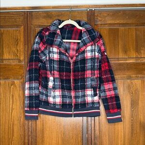 Tommy Hilfiger Red and Blue Plaid Fuzzy Zip Up